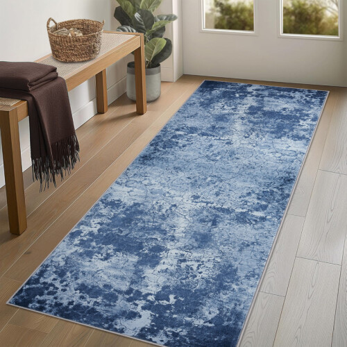 Abstracte blauwe, wasbare loper van 60x180 cm met antislipoppervlak. 1