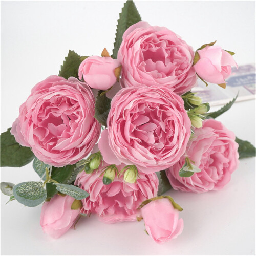 Buquê artificial de peônias rosa, 29 cm (11,4 pol.), feito de seda e plástico. 2