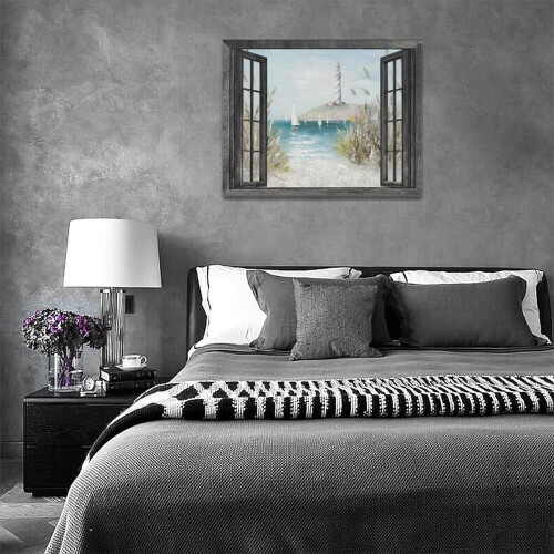Quadro decorativo em tela com farol náutico, 40x30cm (16x12 polegadas), emoldurado. 1
