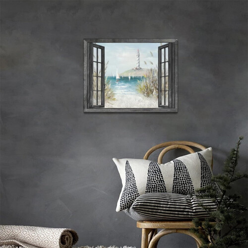 Quadro decorativo em tela com farol náutico, 40x30cm (16x12 polegadas), emoldurado. 2