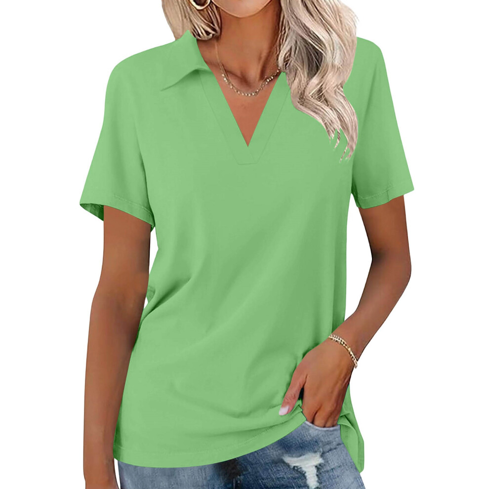 Turquoise Women's Shirts Short Sleeve V Neck Tops Business- M