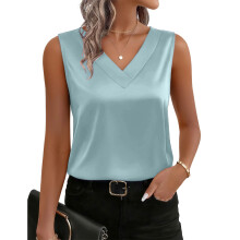 Women's silk camisole, V-neck casual top,-light blue L