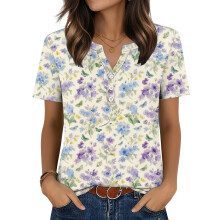 Womens Tops V Neck Short Sleeve Shirts Casual Blouse-Blue XXL