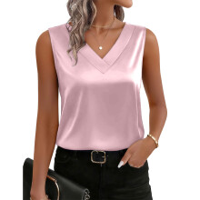 Women's silk camisole, V-neck casual top, sleeveless-Pink XXL