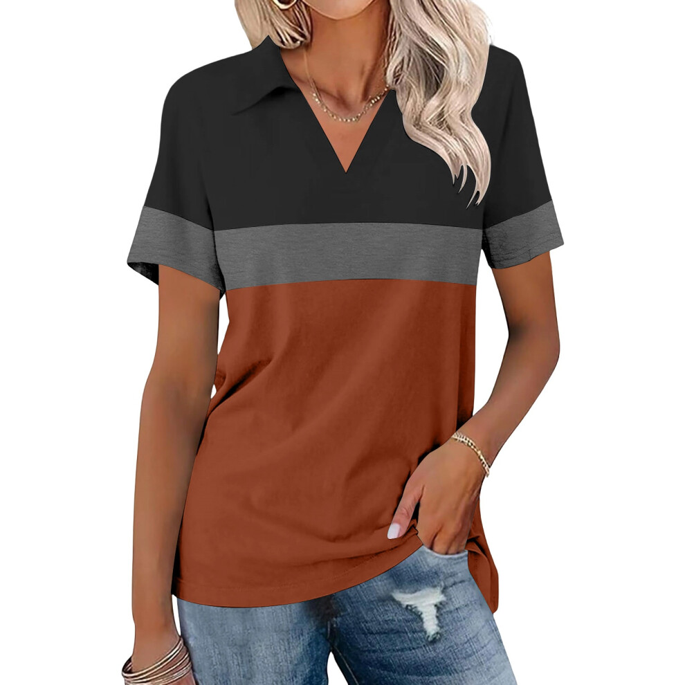 Brown Women's Shirts Short Sleeve V Neck Tops Business- L
