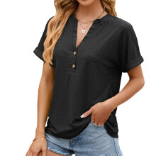 Women's Button Down Tops, V Neck Loose Sleeved-Black S
