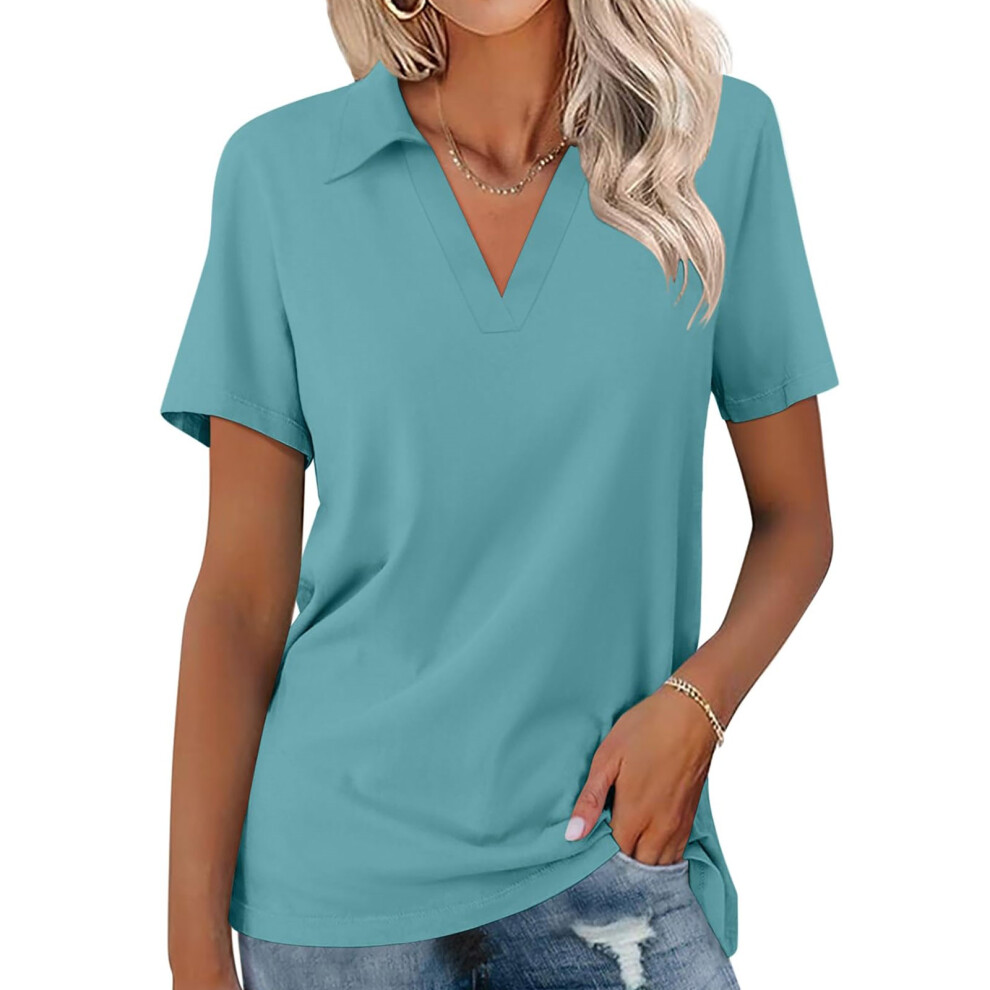 Green Women's Shirts Short Sleeve V Neck Tops Business- L
