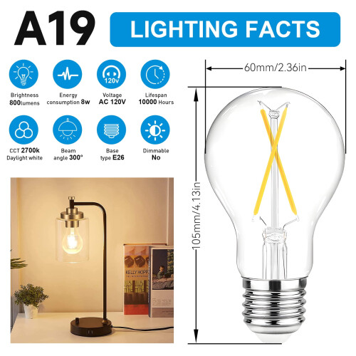 Lâmpada LED Edison Vintage A19 E26 8W 800LM 5000K (Pacote com 24) 1