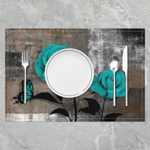 Sett med 4 grå Ombre-bordmatter, rosensommerfugldesign 1