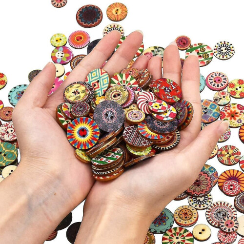 100pcs Wooden Buttons Mixed Round Assorted Colorful Retro Crafting Buttons 2