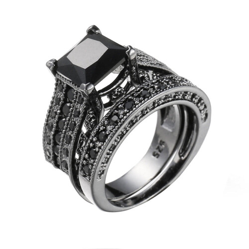Jacenvly women's vintage black engagement ring set 2-piece 2