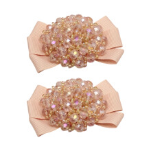 Crystal Beaded Grosgrain Ribbon Bows Shoe Embellishments-Pink