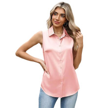 Elegant Satins Blouse For Women Sleeveless Button Down-Pink L