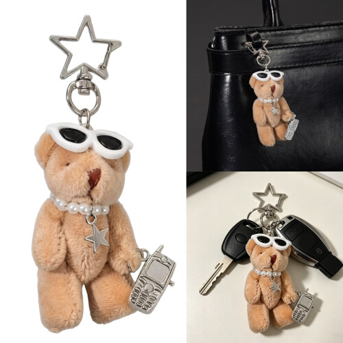 Porte-clés ours mignon avec perles étoiles et décors de-Rose 2