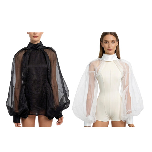 Lace Trimmed Illusion Net Shawl Having Architectural Puff-Black 1