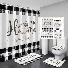 Set decorativ de baie cu model în carouri și litere, perdea de baie impermeabilă antiderapantă cu 4 bucăți, covoraș de toaletă, covorașe de