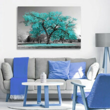 Quadro em tela com árvore em preto e branco azul-petróleo, 61 x 91 cm (24 x 36 polegadas)
