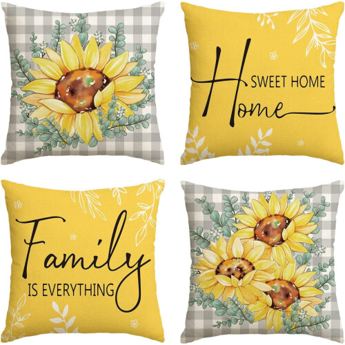 Conjunto de capas de almofada decorativas com estampa xadrez de girassol e búfalo, 45x45 cm (18x18 polegadas)