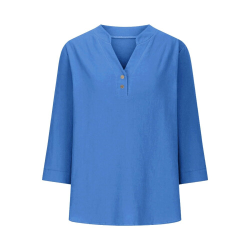 Women's cotton and linen shirt, solid color,-Navy Blue M 1