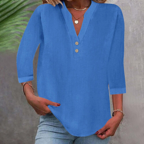 Women's cotton and linen shirt, solid color,-Navy Blue M 2
