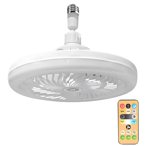 Ventilatore da soffitto con luce e telecomando, attacco E27, 3 velocità.