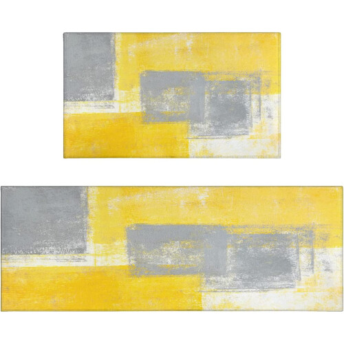 Yellow abstract kitchen rug mat non-slip 2-piece set