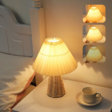 Pleated Table Lamp with Rattan Base Vintage Style 1 Pack