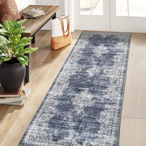 Blue vintage machine washable hallway runner rug 2 ft x 6 ft