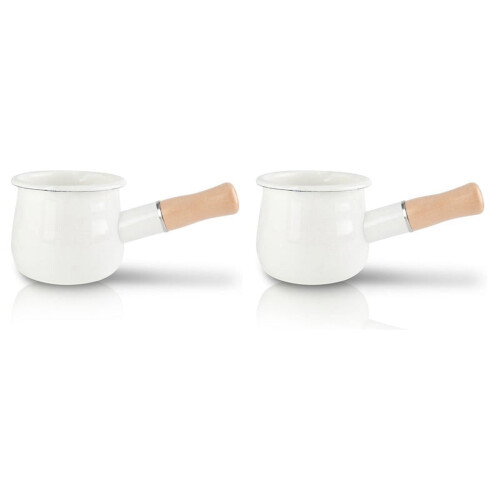 Enamel Milk Pan 10cm with Wooden Handle (2 Pack)