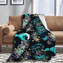 Flannel throw blanket 60x80 inches black gold dragon
