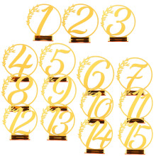 Numéros de table en acrylique doré à bordure feuille, 15 pièces