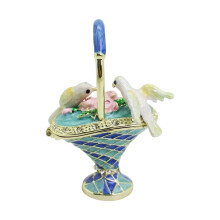 Elegant Enamel Hummingbird Basket Jewelry Box Container-Blue
