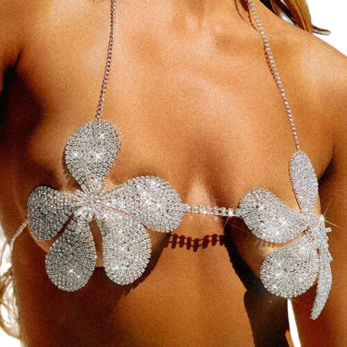 Moderner silberner Strass-Körperschmuck, florales Design,