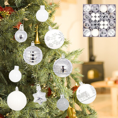 Christmas Balls Shatterproof Silver White Glitter 44 pcs 1