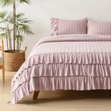 Dusty Pink Ruffled Quilt Set King Pre-Washed Microfiber