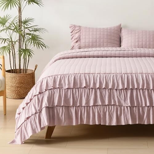 Dusty Pink Ruffled Quilt Set King Pre-Washed Microfiber