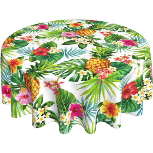 Toalha de mesa redonda com estampa floral tropical, lavável e reutilizável, 60 polegadas.