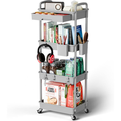 4-Tier Rolling Storage Cart – Grey, 14.9" x 10.6" x 29.1"