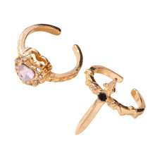 Pair Of Edgy Gothic Crosses Heart Rings Sturdy-Pink Gold-color