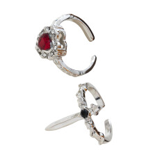 Pair Of Edgy Gothic Crosses Heart Rings Sturdy Alloy-Red silver