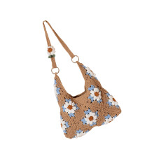 Crochet Shoulder Bag With Puff Flower Embellishment-Coffee