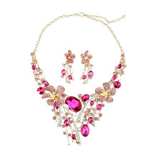 Elegant Floral Necklace and Earrings Set with-Rose Red