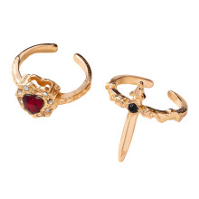 Pack Of 2 Gothic Dark Styles Crosses And Heart-Red Gold-color
