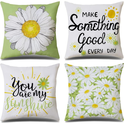 Set di 4 federe grigie con margherite, 45x45 cm, in cotone e lino.