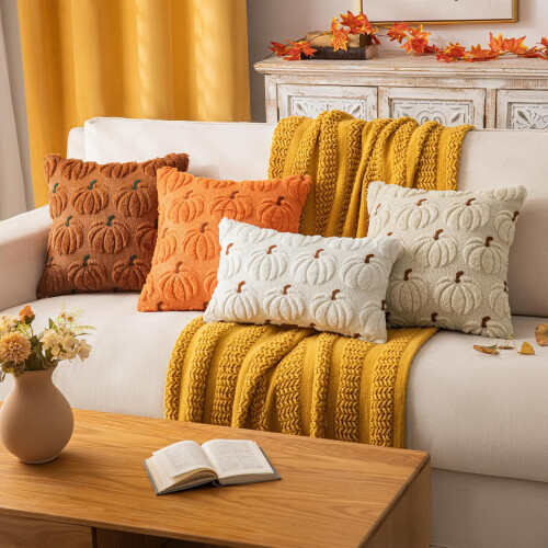Pernă decorativă cu model dovleac, 20x20 inci, set de 2, blană artificială cu șofran 1
