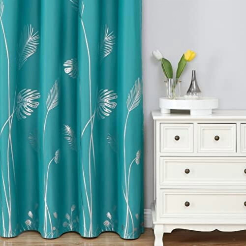 Teal Blackout Curtains Silver Palm Pattern 2 Panels 52x72 1