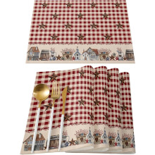 Set van 6 rustieke placemats met rood sterrenpatroon.