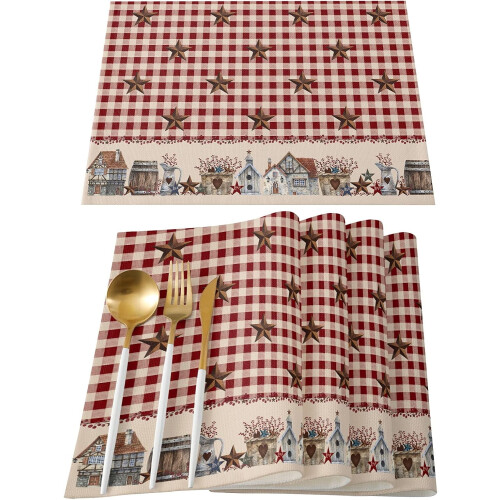 Set van 6 rustieke placemats met rood sterrenpatroon.