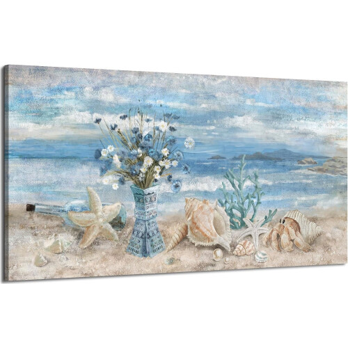 Tableau abstrait sur toile représentant la mer bleue, décoration côtière