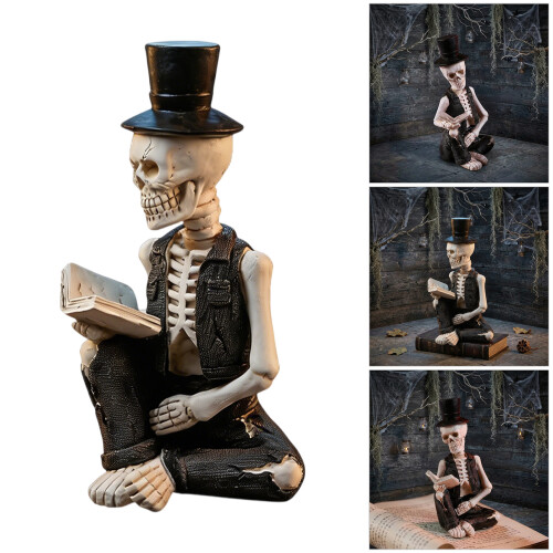 Gothic Skeleton Figure Reading Book Resin Decors Ornament For 1